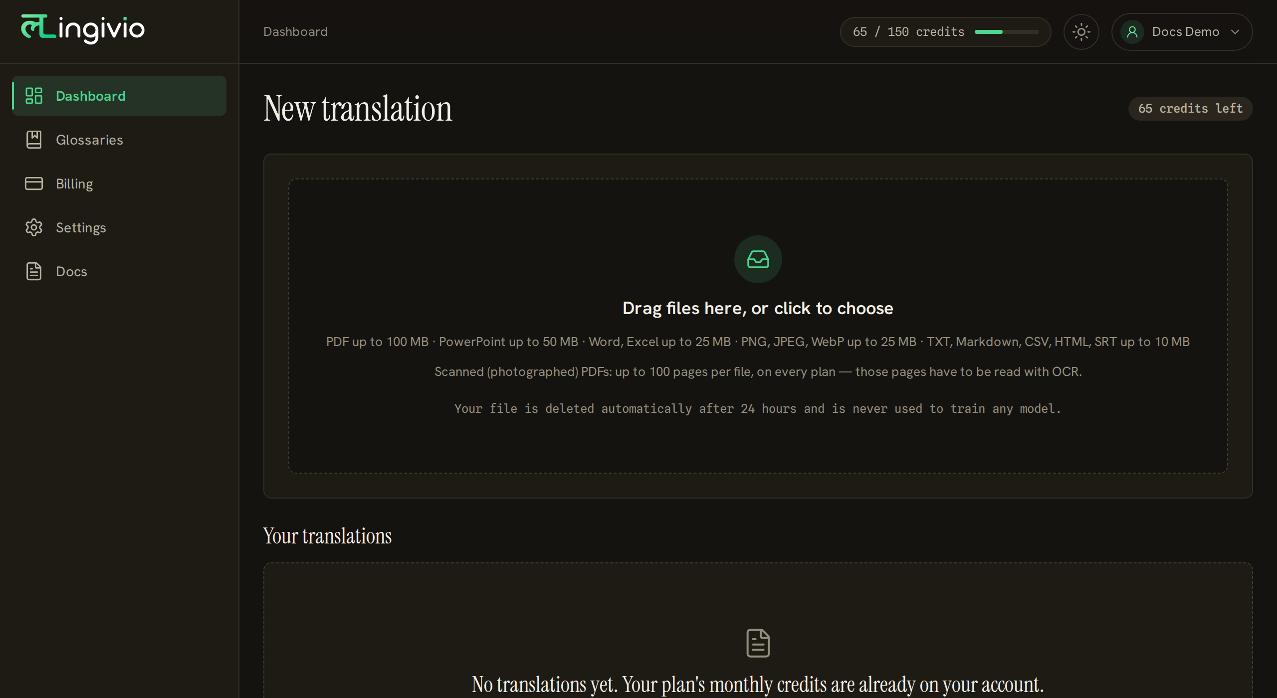 The dashboard of a new account, with an empty drop area for files.