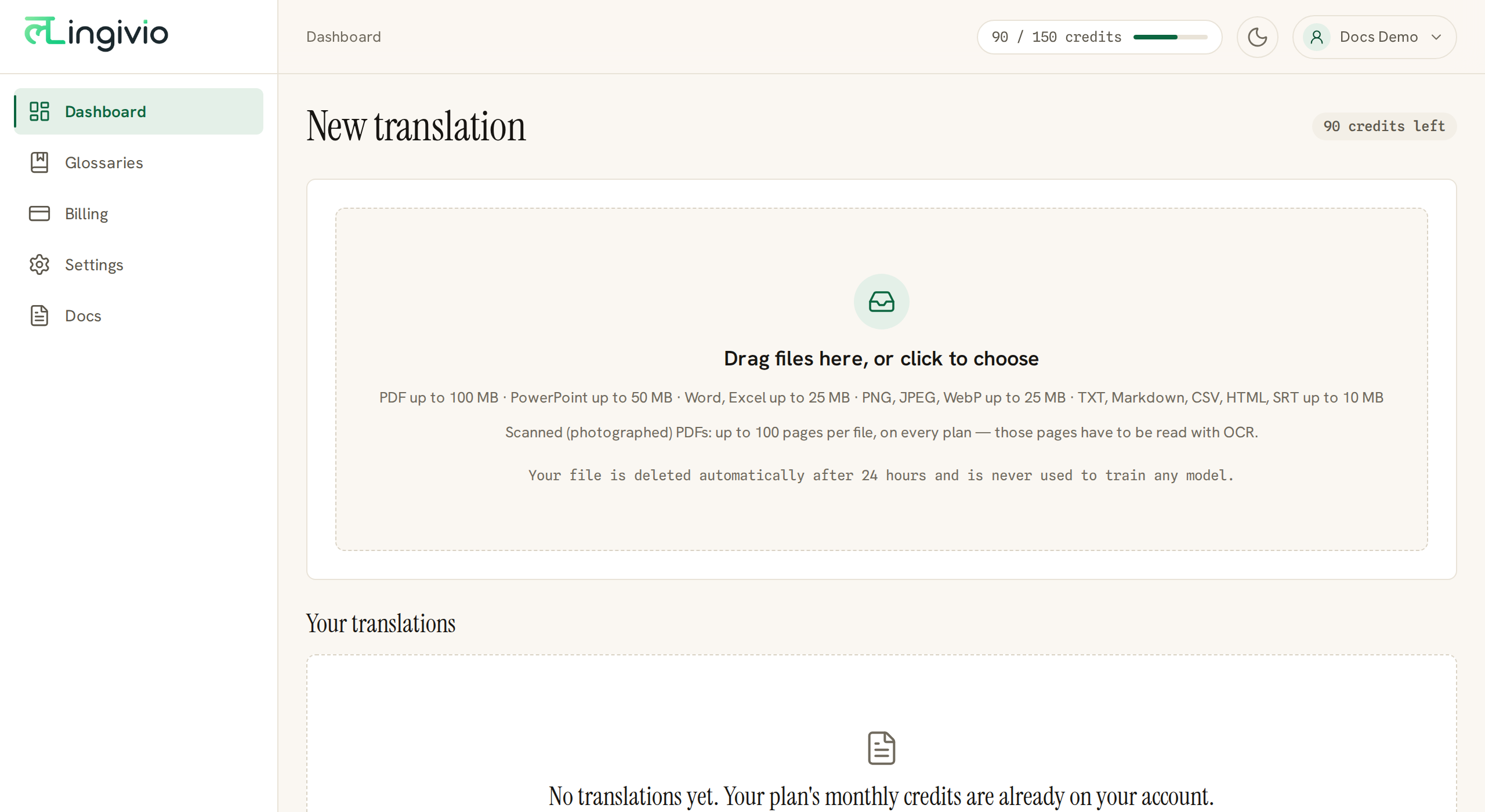 The dashboard of a new account, with an empty drop area for files.