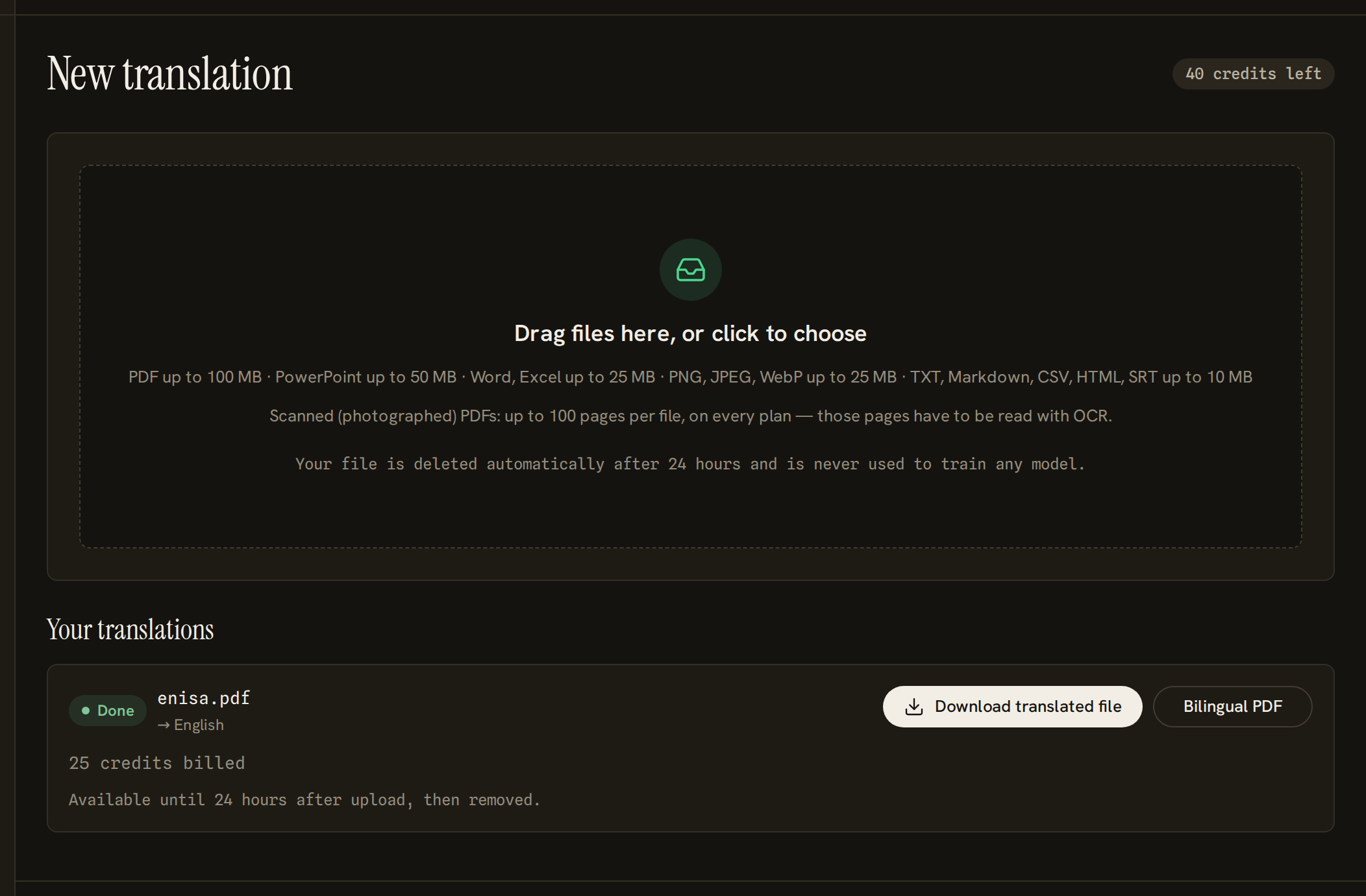 A finished translation, offering the translated file, the bilingual version, the credits billed and the removal date.