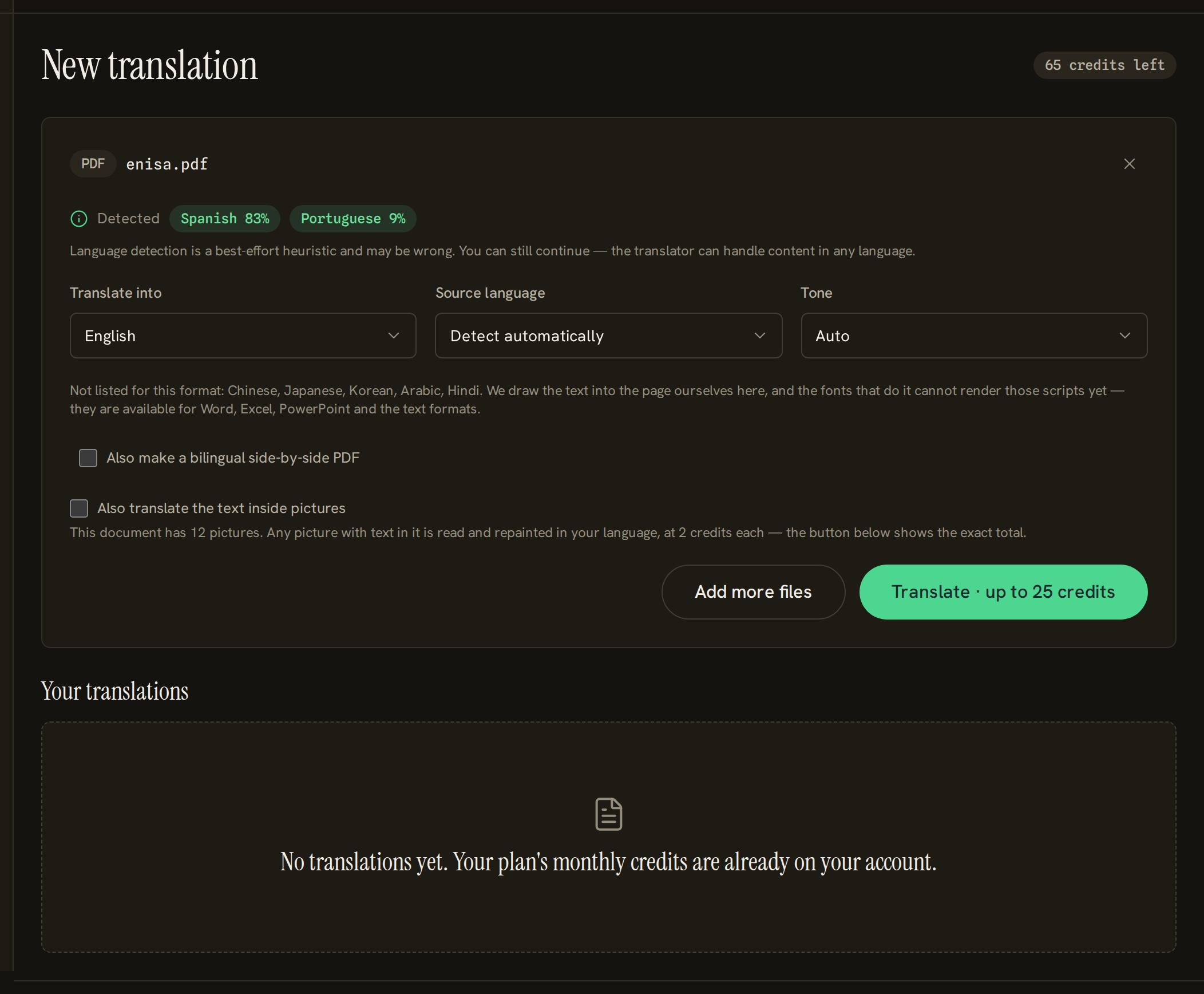 The dashboard after choosing a PDF, showing the language, source, tone and side-by-side controls and the translate button.