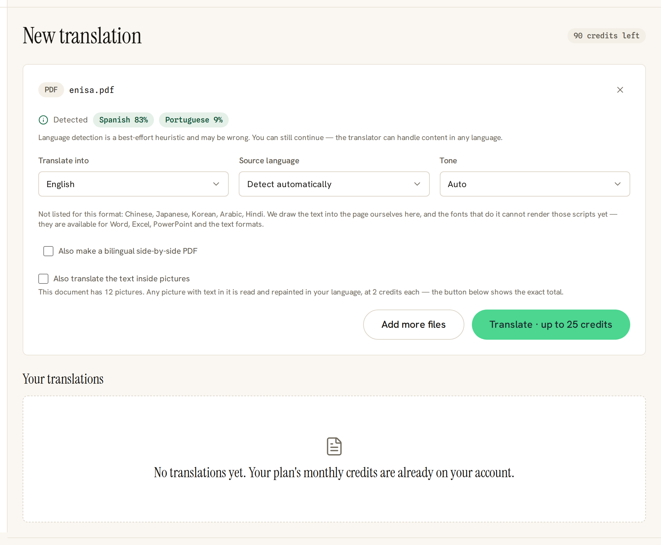 The dashboard after choosing a PDF, showing the language, source, tone and side-by-side controls and the translate button.