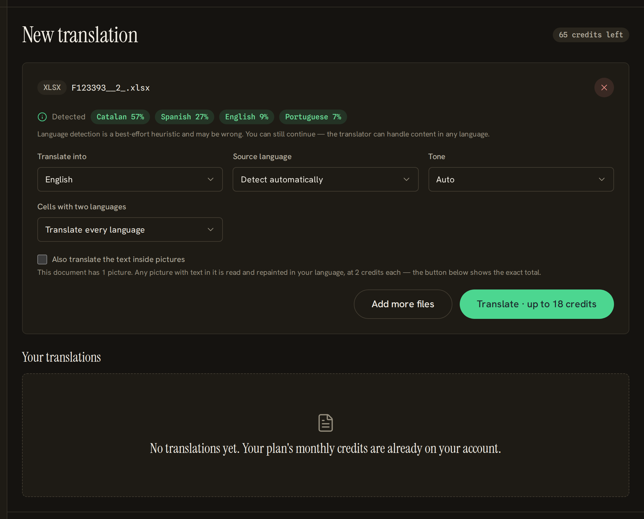 The dashboard after choosing a spreadsheet whose cells hold more than one language, showing the extra control that appears.