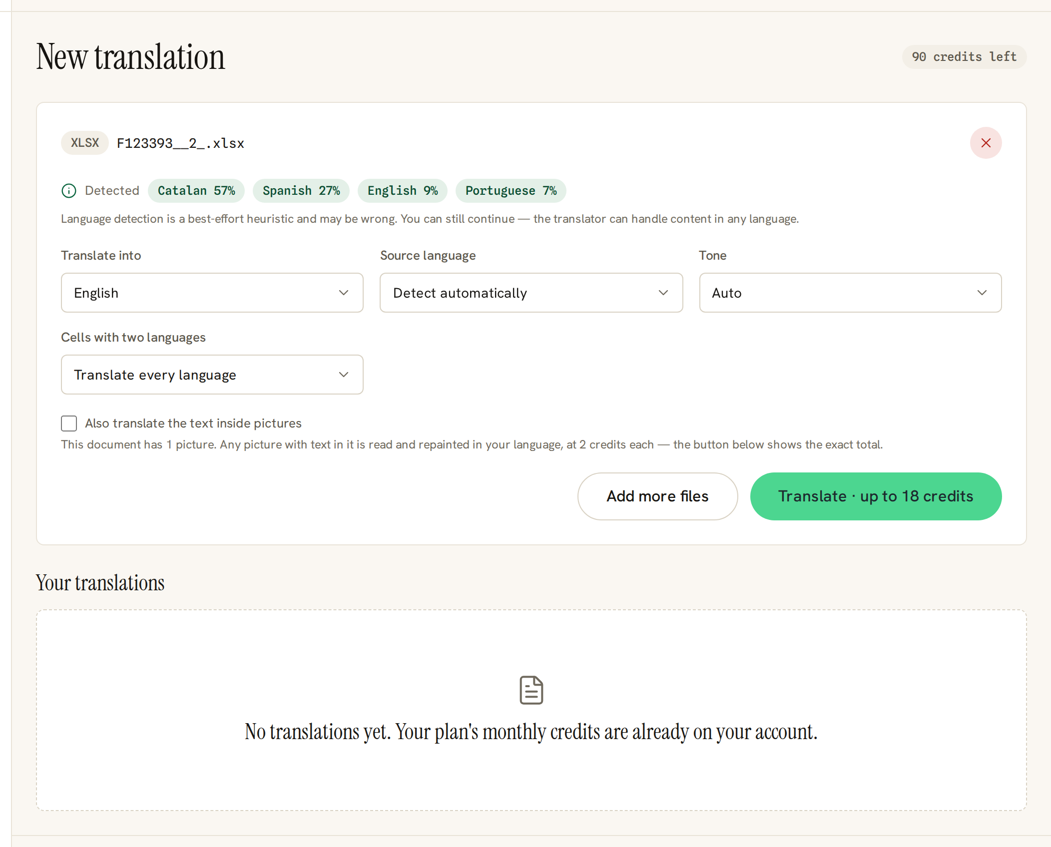 The dashboard after choosing a spreadsheet whose cells hold more than one language, showing the extra control that appears.