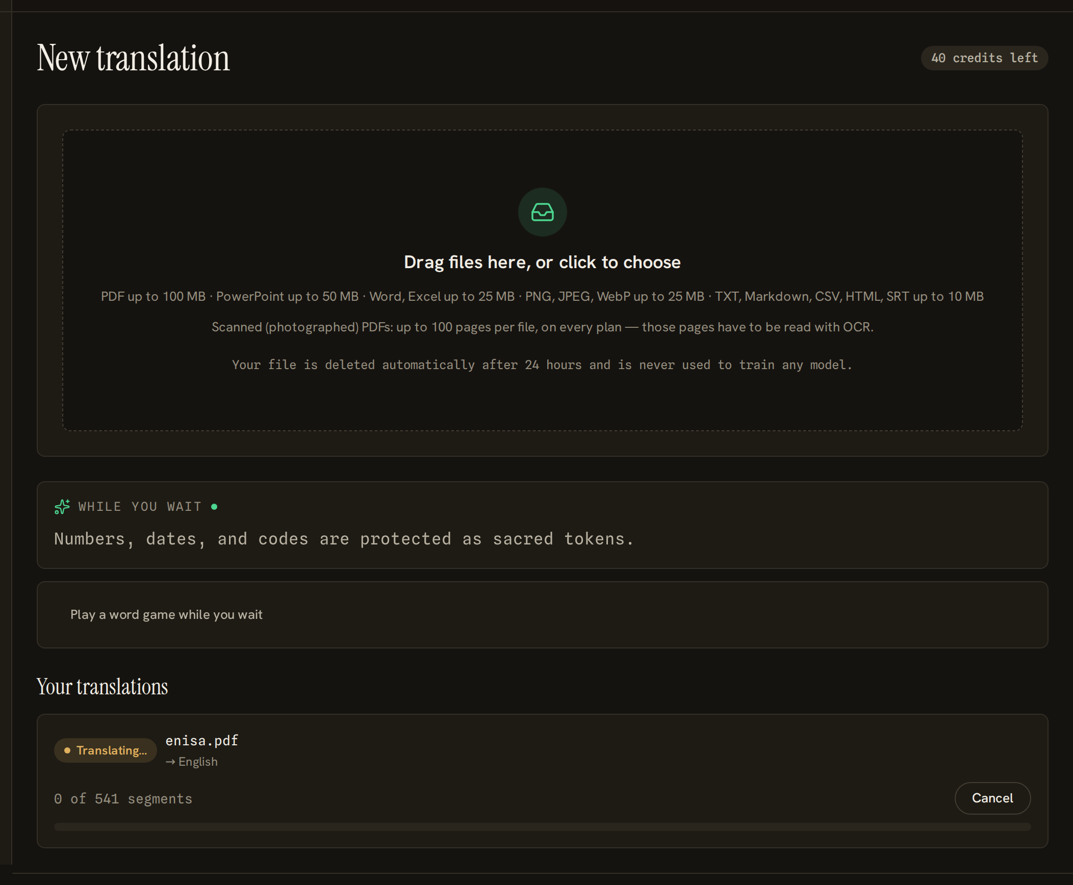 A translation in progress, showing a status badge, a count of finished segments and a progress bar.