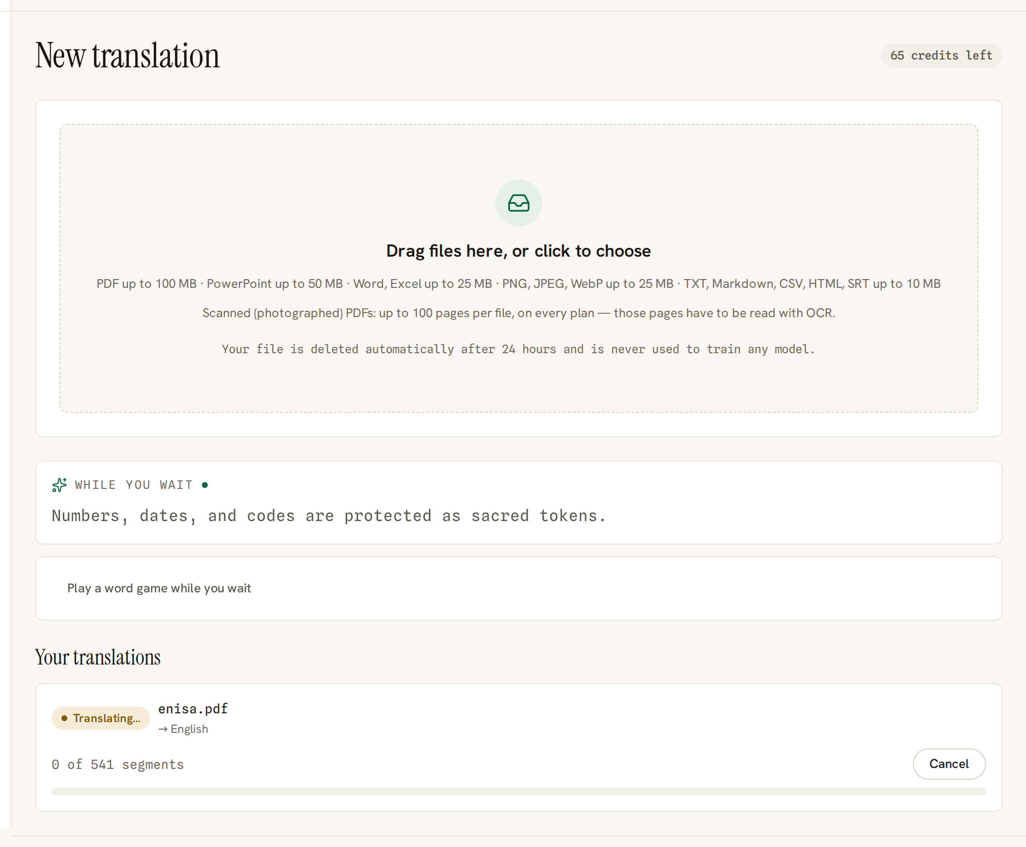 A translation in progress, showing a status badge, a count of finished segments and a progress bar.